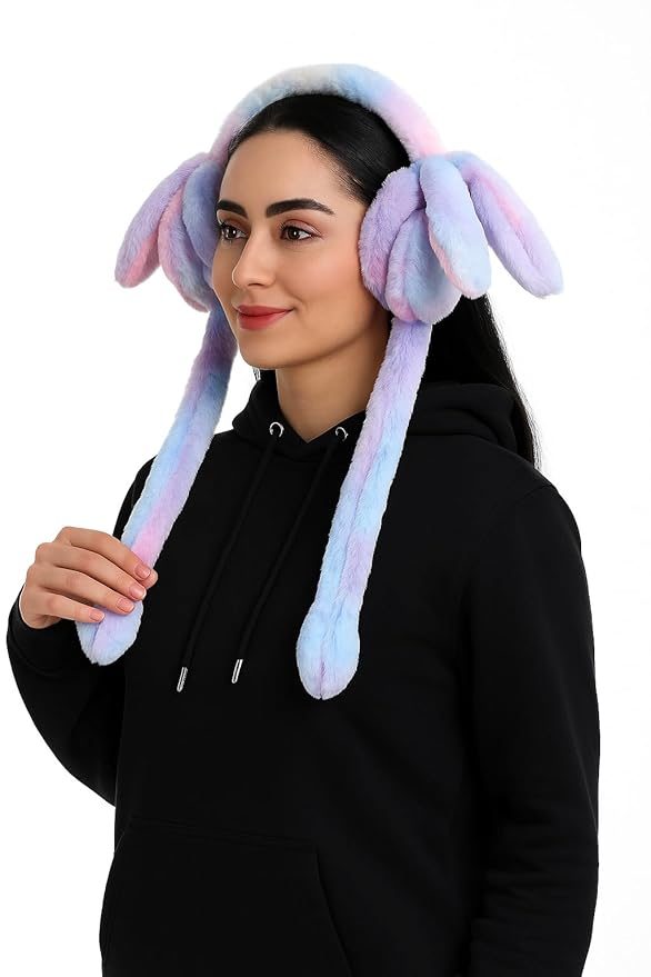Cute Bunny Plush Ear Warmer Scarf – Squeeze-to-Move Rabbit Earmuffs (Winter Soft Fur)