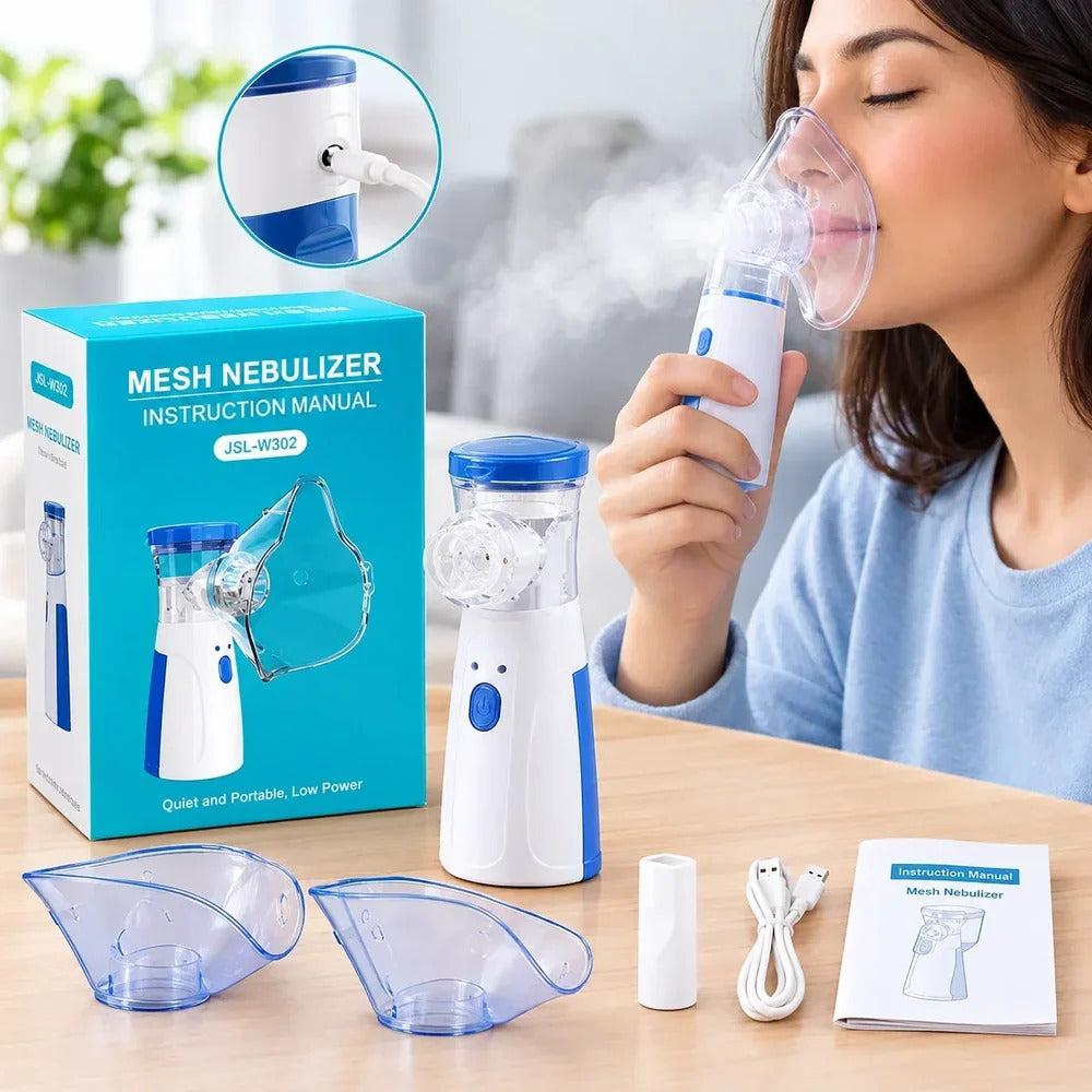 Mesh Portable Nebulizer Machine with Adult & Kid Masks, Mouthpiece, USB Cable, and Battery Operated